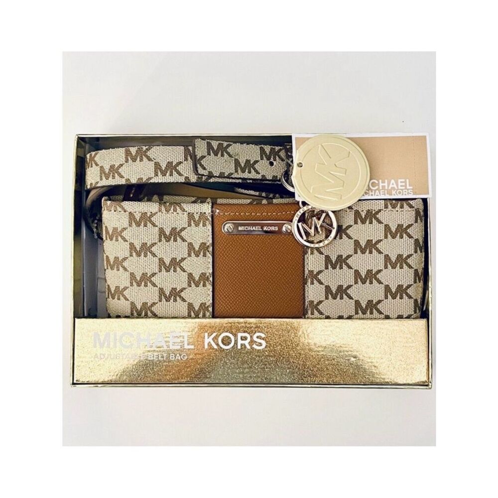 NWT Gorgeous Michael Kors L/XL Waist Fanny Pack Tan Brown Gold Monogram Belt Bag